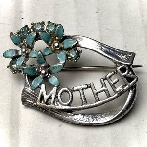 Vintage Blue Flowers Rhinestone‎ "MOTHER" Brooch Pin Mothers Day Art Deco Floral
